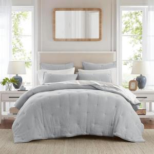 Harbor House Cotton Muslin Quilt Set Blue King, Crinkled Texture with Embroidered Tacking, Lightweight All Season Comfort, 250GSM Fill, Oeko-TEX Certified, Includes Matching Shams