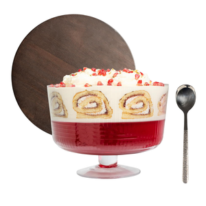 Large Trifle Bowl with Lid (120oz) - Stainless Steel Silver Serving Spoon & Acacia Wood Lid - Trifle Bowl Glass, Glass with Pedestal - Truffle Dish for Layered Desserts, Fruits, Salads, Punch