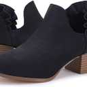 Fashare Womens Fall Cutout Booties Ankle Heels Low Stacked Ruffle Slip On Dress Short Boots Shoes (7, Blackfaux Leather)