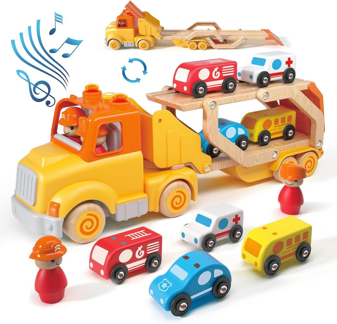 Toddler Car Toys for 2 3 4 5 Years Old Kids, Transport Carrier Truck Toy with 4 Wooden Vehicle, 24IN Foldable Track Trailer with Light & Sound Effects, Best Gift Choice for Christmas, Birthday