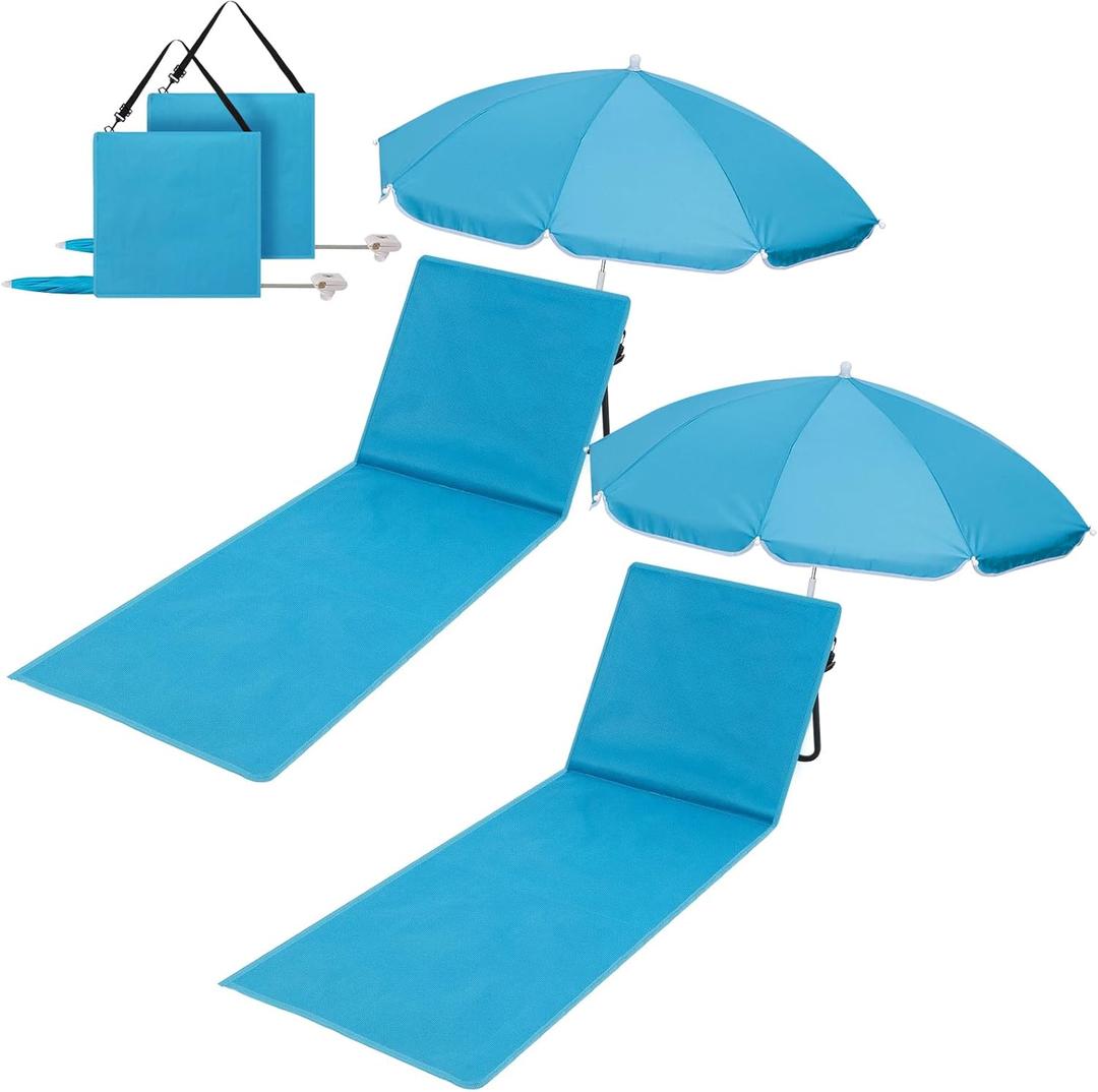 2 Set Beach Chairs with Umbrella Portable Beach Lounger Lightweight Foldable Outdoor Lounger Chair for Adult Outdoor Travel Sunbathing Camping Easy to Fold and Carry(Blue,Simple Style)