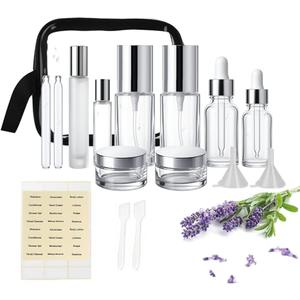 7 Pack Glass Travel Bottles for Toiletries, TSA Approved Glass Travel Containers 1.35/0.7/1 oz Silver Small Travel Bottles with Label, BPA Free Leak Proof with Pump Spray Bottles for Makeup, Skincare