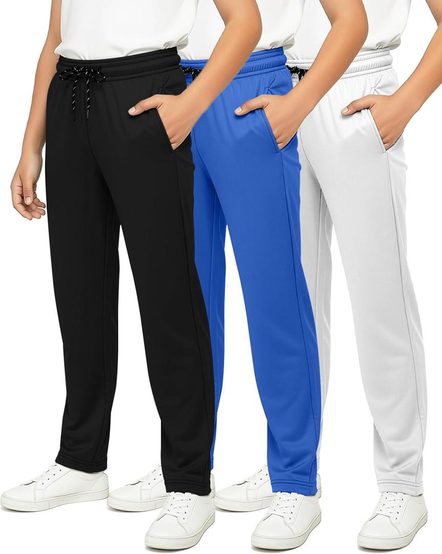 Real Essentials 3 Pack: Boys' Mesh Open Bottom Active Sweatpants with Pockets & Drawstring (Blue, L)