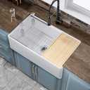 HOMLYLINK White Farmhouse Workstation Sink 31 x 18 Inch, Firecaly Apron Front Undermount Farm Sink, Single Bowl, w Accessories 4 Types, Reversible (Sleek & Fluted Optional), Pure White, for Kitchen