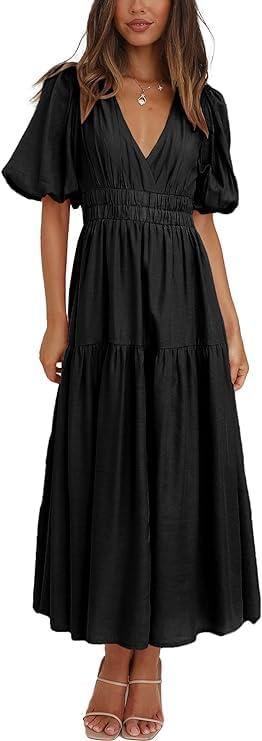Woolicity Womens Summer Maxi Dress Wrap V Neck Short Sleeve Beach Flowy Long Dresses Black (Black)
