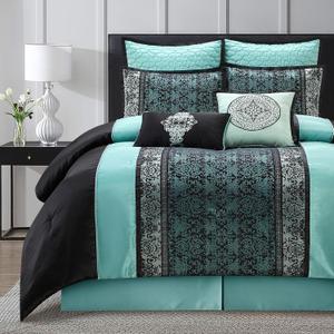 Queen Size Comforter Set, Aqua Black, Traditional Jacquard Woven with Embroidery, 8 Pieces Bedding Set with Bed Skirt, Shams, and Decorative Pillows