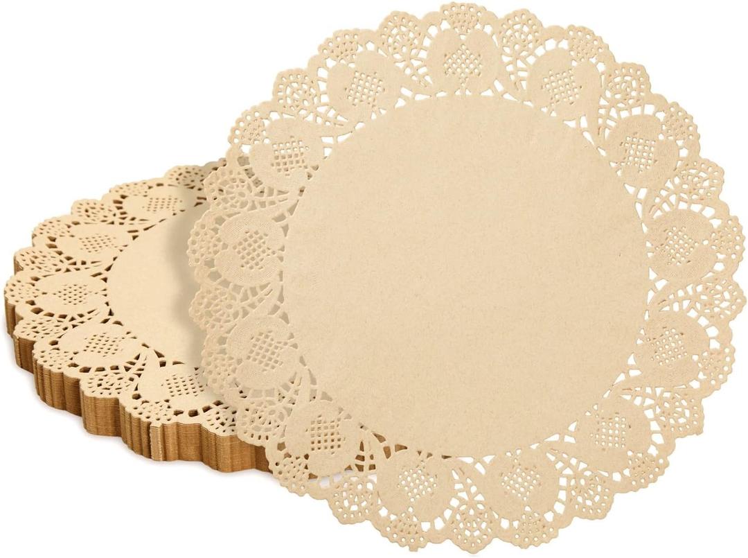Juvale Paper Placemats - 12-Inch Round, Brown, 250 Count - Disposable Placemats & Lace Doilies - Paper Chargers for Dinner Plates - Tea Party Decorations & Wedding Table Decor