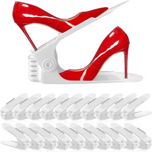 Shoe Slots Organizer 20 Pack - Shoe Stackers, Space Savers 50%, 4 Levels Adjustable, Double Layer Holders for Closet, White
