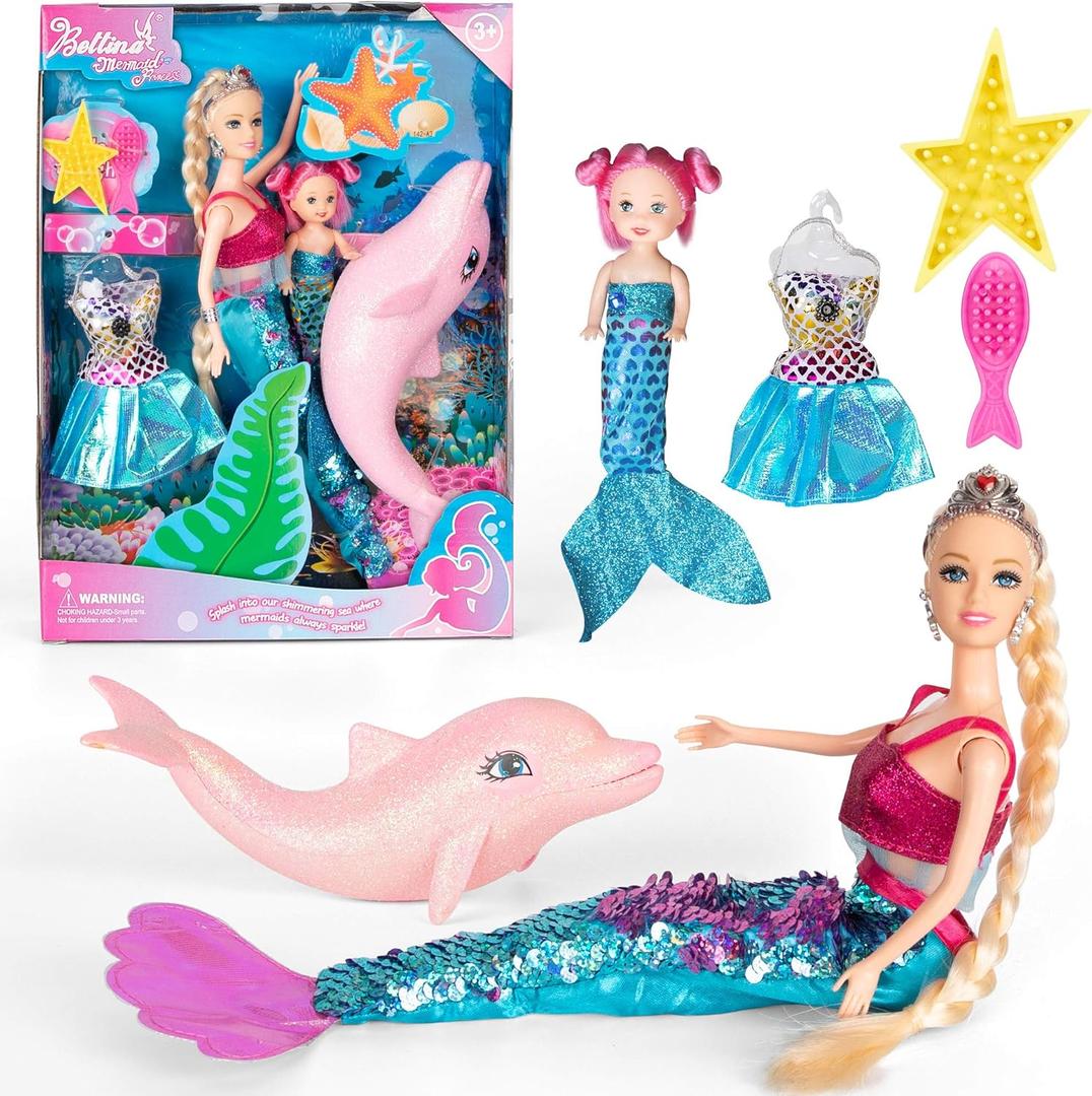 Yellow River Mermaid Princess Doll with Little Mermaid and Pink Dolphin Playset, Blonde Hair Mermaid Toys with Accessories, Gift for 3 to 7 Year Old Girls