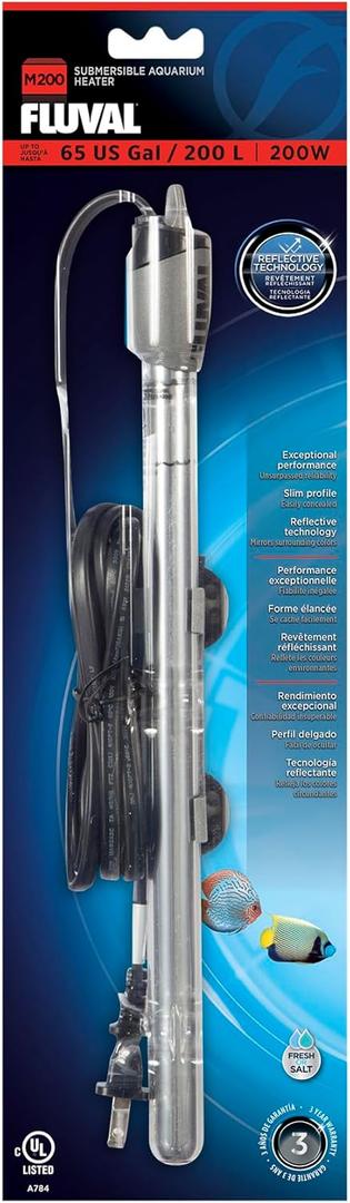 Fluval M 200-Watt Submersible Aquarium Heater  High-Performance, Compact Heating with Mirror Technology for Fresh & Saltwater Tanks (M200)