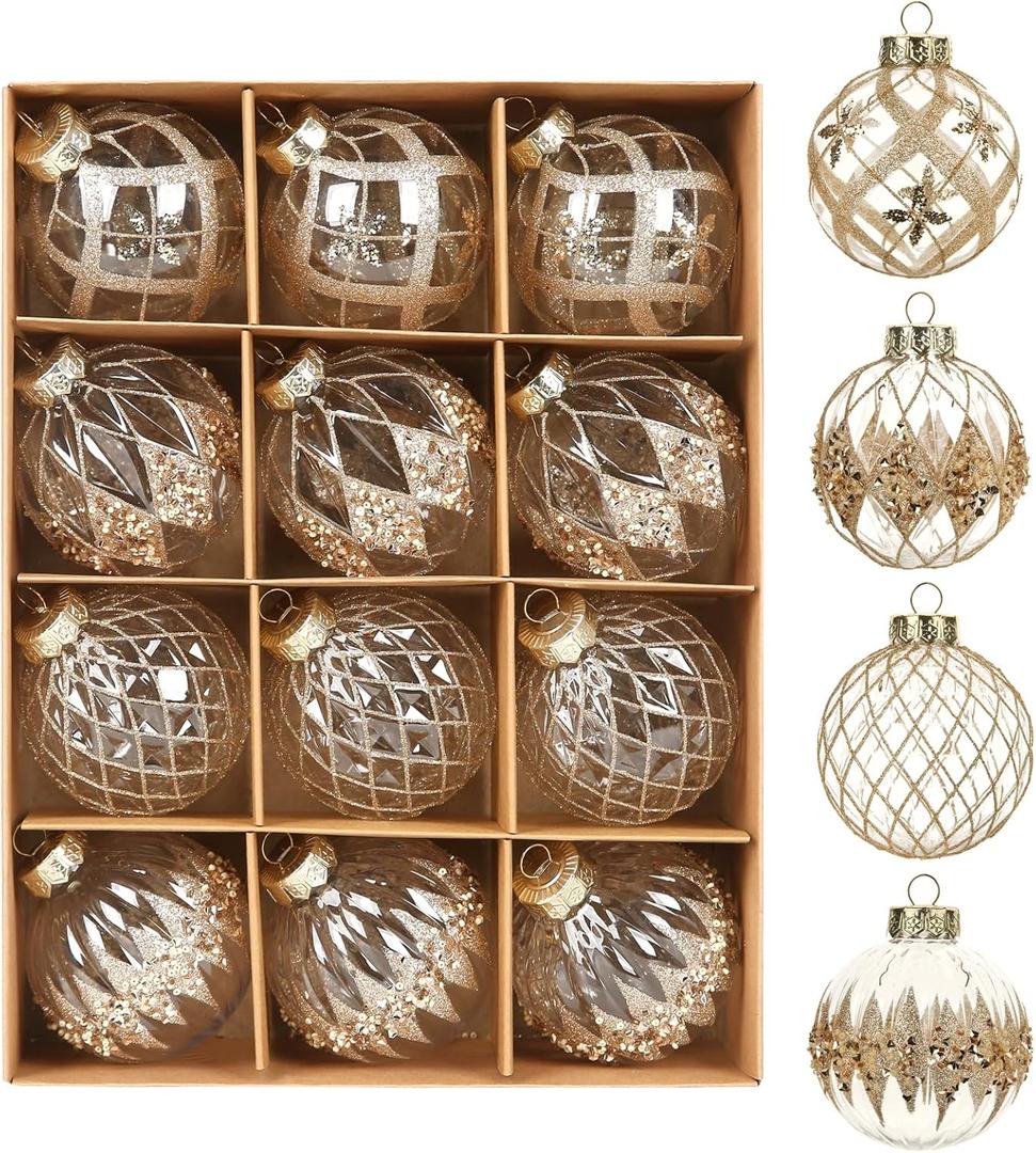 12 PCS Champagne Christmas Ornaments, 80mm/3.15 Inches Clear Luxury Hand-Painted Xmas Ball Ornaments for Christmas Tree Rustic Farmhouse Wedding Home Decor