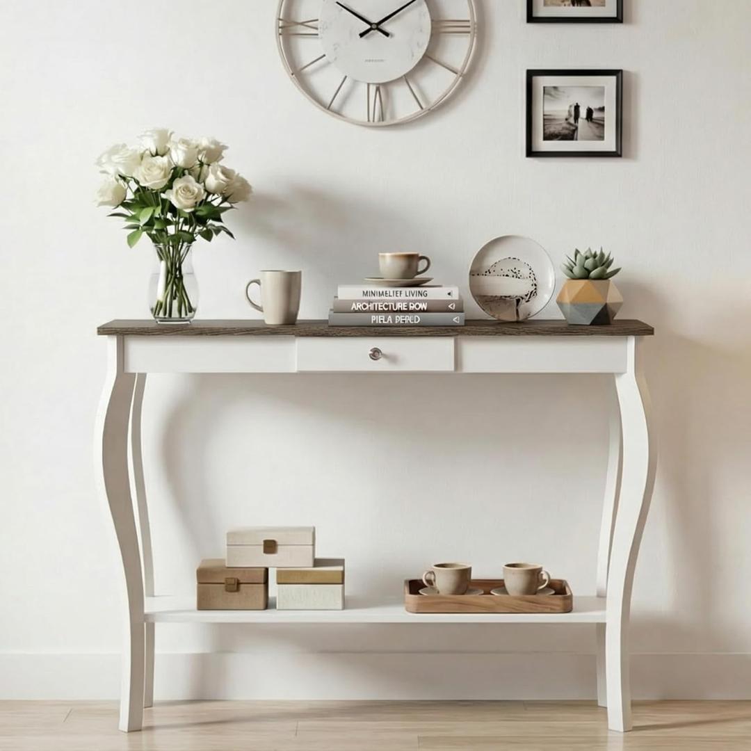 ChooChoo Narrow Farmhouse Console Table with Drawer, Chic Accent Sofa Entryway Table with Shelves for Entryway, Living Room, Hallway, Soft White (11.8"D x 39.3"W x 31.4"H)