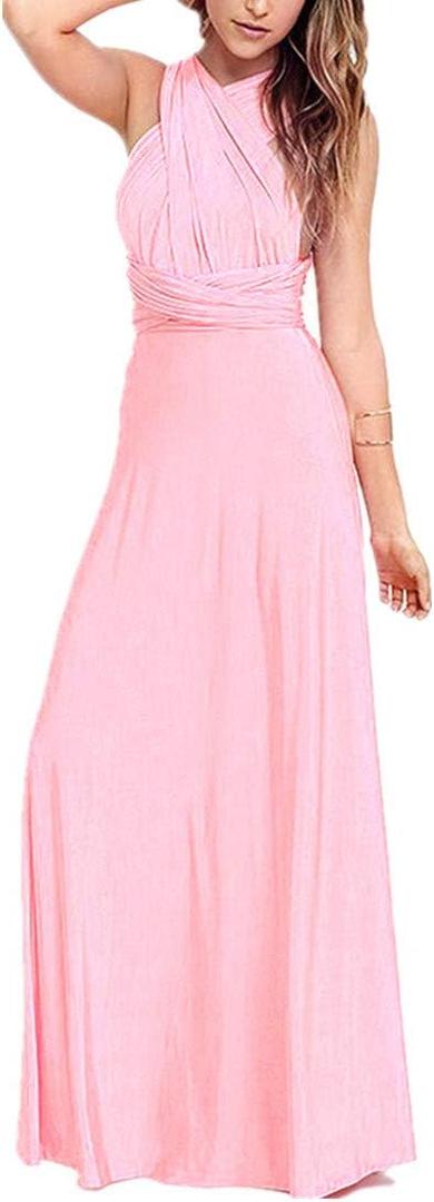 Women Transformer Hi Low Evening Long Prom Dress Halter Convertible Multi Way Spaghetti Strap Wedding Cocktail Maxi Gown (Pink, X)