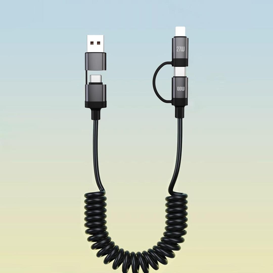 4 in 1 Charging Cable, Coiled USB C Cable 100W PD Fast Charging & Data Sync, 1.6-5FT USBC and Lightning Cable Combo Compatible with iPhone 16 15 14 13 12,Samsung Galaxy S22 S21, CarPlay