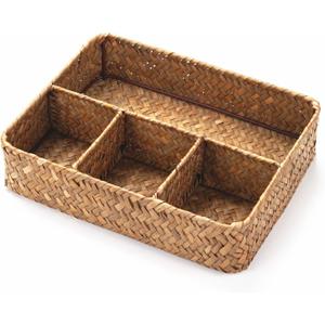 YANGQIHOME Tea Bag/Sugar Packet Holder, Coffee Station Condiment Organizer, Seagrass Storage Basket, Wicker Rattan Divided Basket Organizer for Drawer/Shelf/Countertop