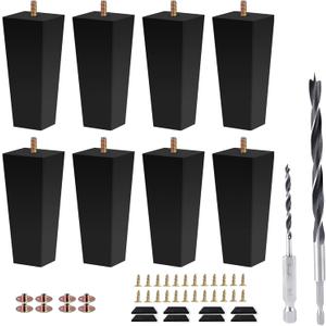 Sofa Legs Square Bed Feet 6 inch Wood Replacement Leg for Furniture Set of 8,Black (6")