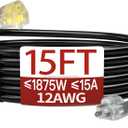 15 FT 12 Gauge Extension Cord Outdoor, Heavy Duty Weatherproof & Flame Retardant Black 3 Prong Power Cord with Light, Outside for Lawn & Garden, 15 Amps 1875 Watts 125 VAC 12AWG SJTW, ETL Listed