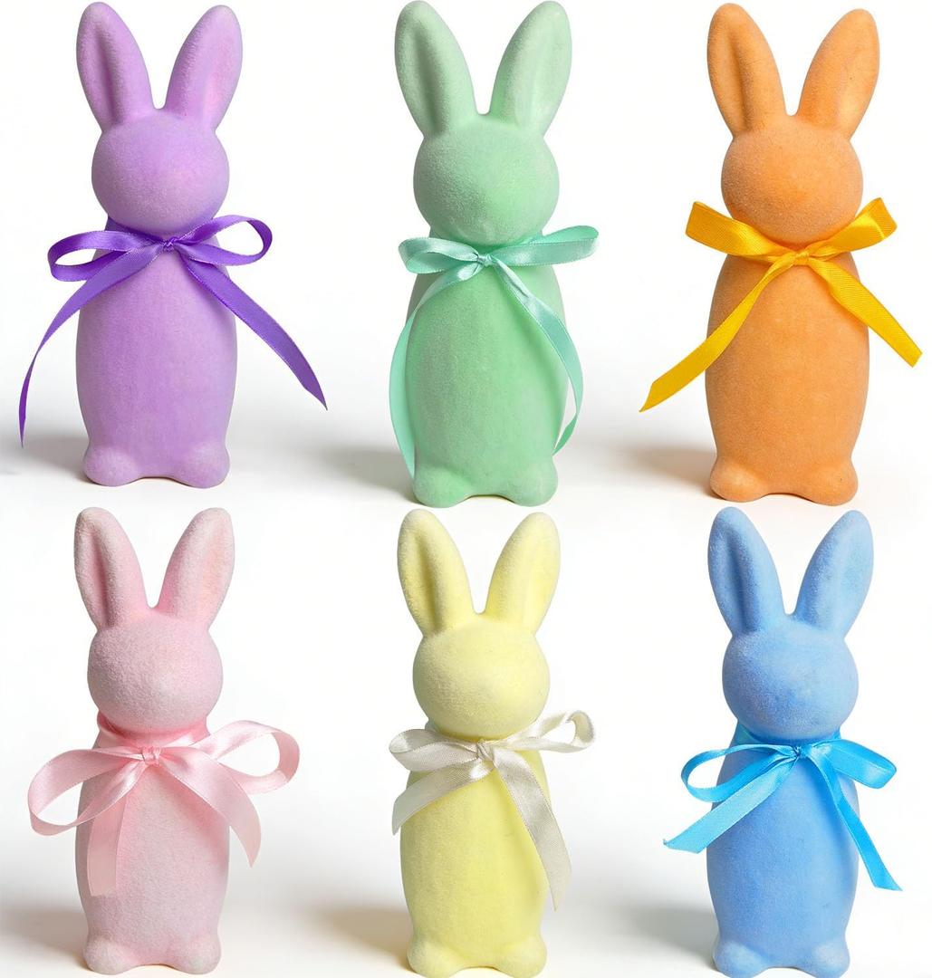 Orgrimmar 6Pcs Easter Flocked Bunny Figurines - 8.8" Bow-Tie Rabbits, Soft Tabletop Ornaments for Home Office Spring Decor & Easter Party Supplies