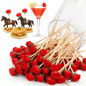 100 Pieces Rose Toothpicks Derby Horse Racing Cocktail Appetizer Skewer Bamboo Decoration Picks for Wedding Valentine Holiday Party Supplies