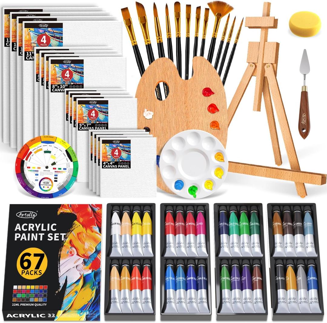 ARTALLY Acrylic Paint Set for Adults & Kids, 67 Pcs Canvas Painting Kits, 32 Colors Acrylic Paint (22ML),Table Easel,Brushes,Canvas, Art Painting Supplies Kit for Students,Artists,Beginners