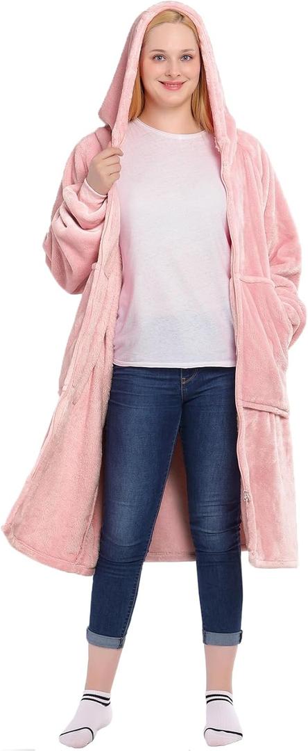 Waitu Wearable Blanket Hoodie with Zipper Gifts for Women Men, Warm and Cozy Oversized Hoodie Blanket Birthday Gifts for Women Mom, Thick Flannel Blanket with Giant Pocket - Pink (Adult)