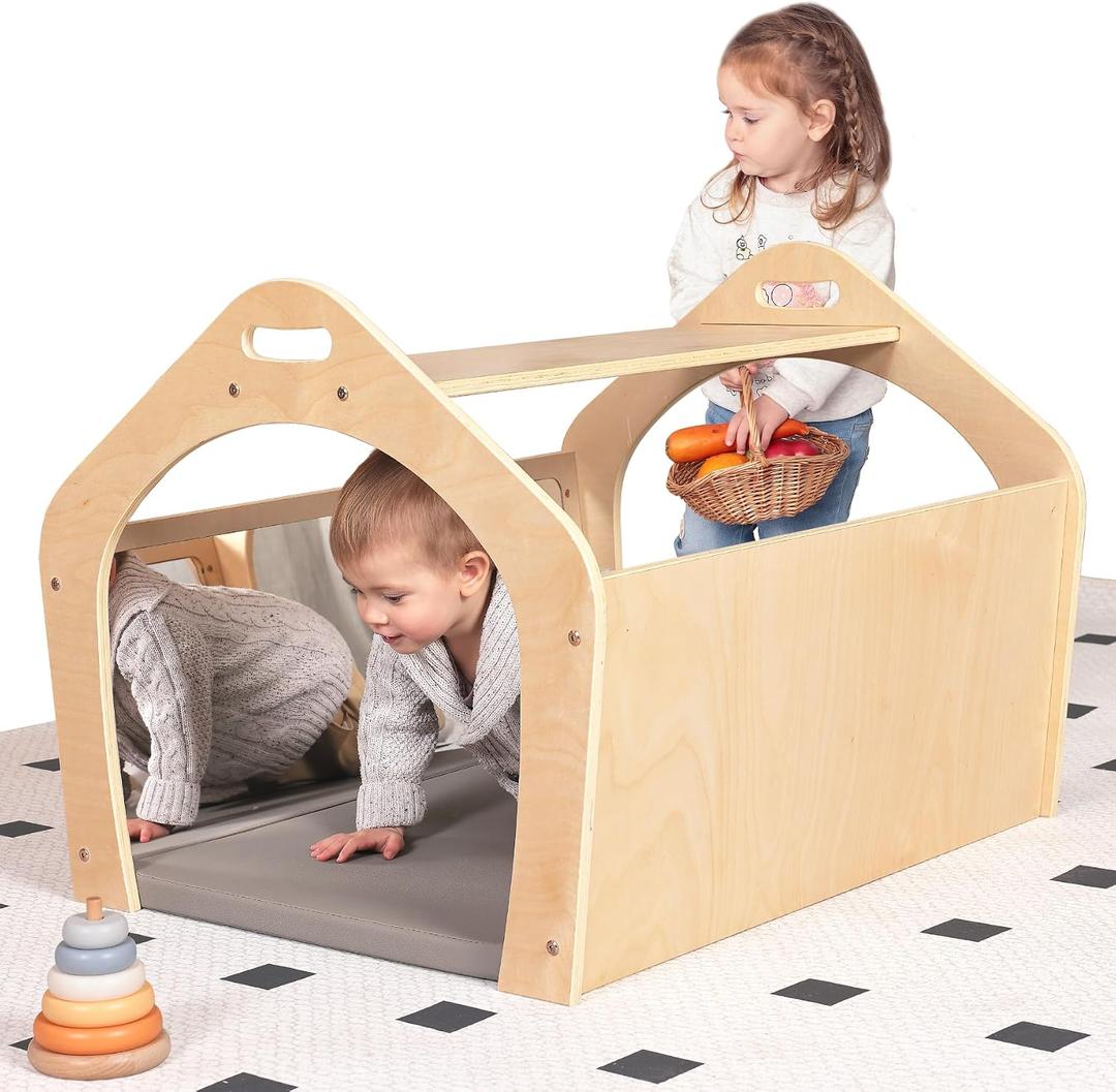 Wooden Playhouse for Toddlers w/Double Non-Shatter Safety Mirrors, Montessori Crawling Tunnel/Crawl-Through Play Set for Children and Kids, Daycare and Preschool Playroom(with Cushion), 25.9 x 23.6 x 32.7 inches