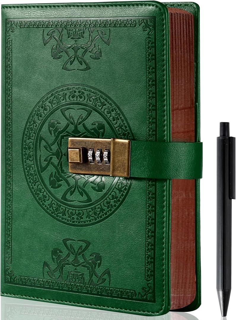 CAGIE Journal with Lock for Men and Women Refillable 290 Lined Pages Locked Journal with Pen, Diary with Lock 180 Lay Flat for Writing Travel Diary, 5.7'' X 8.3'', Green