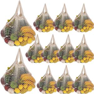 12 Pieces Reusable Mesh Grocery Bags Portable Cotton Produce Containers Washable Net Mesh Reusable Tote Bag with Handle String Shopping Organizer for Fruit Vegetable Shopping Storage Market