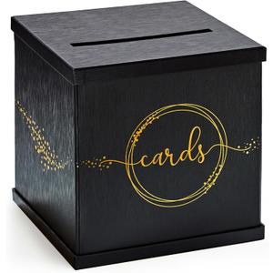 Black & Gold Card Box, Large 10 Holder for Wedding Reception, Graduation Party, Funeral Memorial, Birthday, Bridal & Baby Shower, Retirement, Donation Basket, Money, Envelope Box with Slot