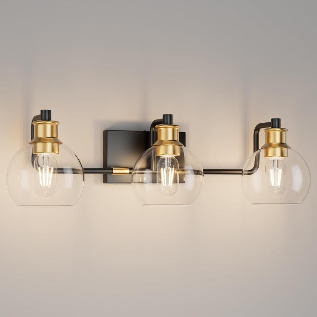 Tipace Black & Gold Vintage Bathroom Vanity Light Fixtures Over Mirror Glass Globe 3 Lights Industrial Vanity Lights Farmhouse Bath Lighting(Exclude Bulb)