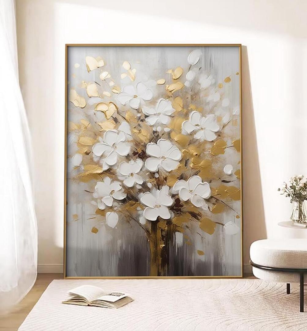 Hand-Painted White and Gold Flowers Oil Painting On Canvas for Living Room,Large 3D Floral Wall Art for Office,Framed Golden Leaf Textured Artwork for Bedroom Wall Decor 32x48inch