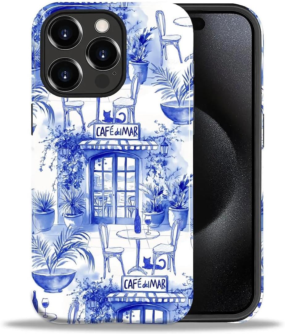 Case for iPhone 15 Pro,Durable Drop Protection Shockproof Silicone + Hard PC 2 in 1 Hybrid Protective Cover with Stylish Pattern Design French Garden Cafe Cat
