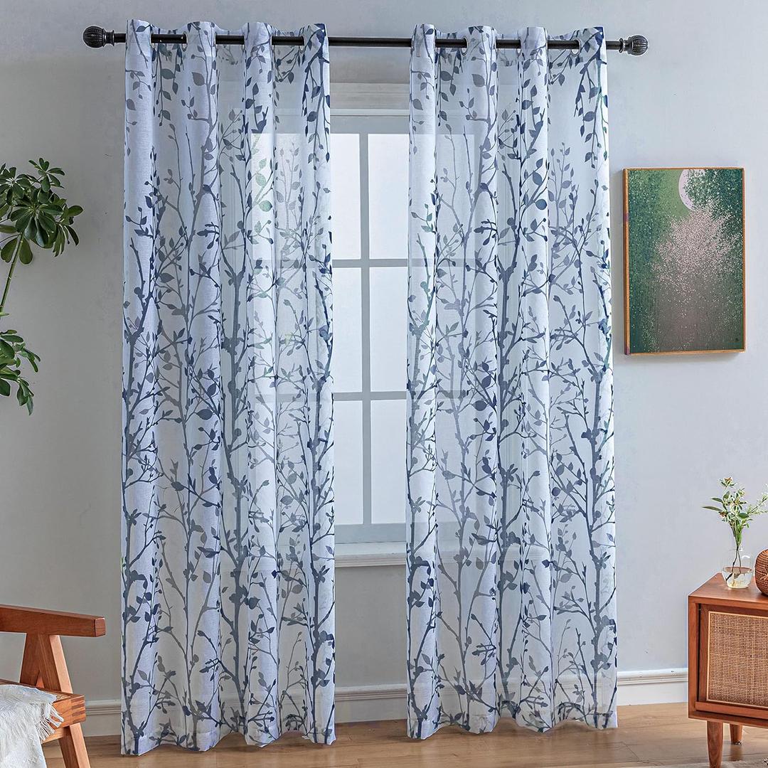 Luvyohmee White Navy Blue Curtains 63 Inch Length 2 Panels, Semi Sheer Window Curtain Drapes for Living Room/Bedroom, Blue Nature Tree Branches Patterned Linen Curtains Grommet W52XL63 (52"W x 63"L (Pack of 2))