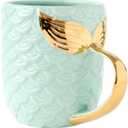 ZaH 15 oz Mermaid Mug Ceramic Coffee Mugs Big Cute Cups Cappuccino Teacup Birthday Bridal Shower Engagement Wedding Gifts Soup Mug for Men Women Kids Girls Boys (Gold Handle Blue Mermaid Tail) (Green)