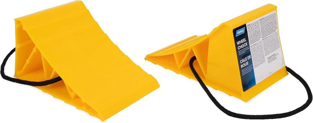 Camco Wheel Chock with Rope for Easy Removal, Helps Keep Your Trailer or RV in Place (Pack of 2) - 44471