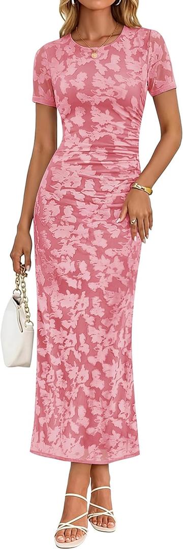 ZESICA Women's 2026 Summer Floral Bodycon Dress Short Sleeve Ruched Mesh Wedding Guest Cocktail Party Midi Dresses Small