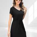 Womens Summer Dresses 2025 Casual Tie Front Short Sleeve A Line Midi Shirt Dress Beach Vacation Clothes (Black, S)