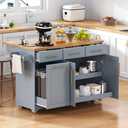 Merax 59.3" Grey Blue Kitchen Island with Storage, 2 Pull Out Cabinet Organizers & Rubber Wood Drop Leaf, Rolling Island Table with Trash Can Storage, Power Outlet, Spice Rack for Kitchen Dining
