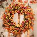 Waipfaru 2 Pcs Fall Wreaths for Front Door, 22 Inch Autumn Wreath with Daisy Lavender Fall Leaves, Fall Decorations for Home Porch Indoor Outdoor Thanksgiving Harvest Farmhouse Decor