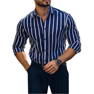SOLY HUX Men's Striped Button Down Long Sleeve Collared Formal Shirts Business Casual Clothes (X-Large, Dark Blue Striped)