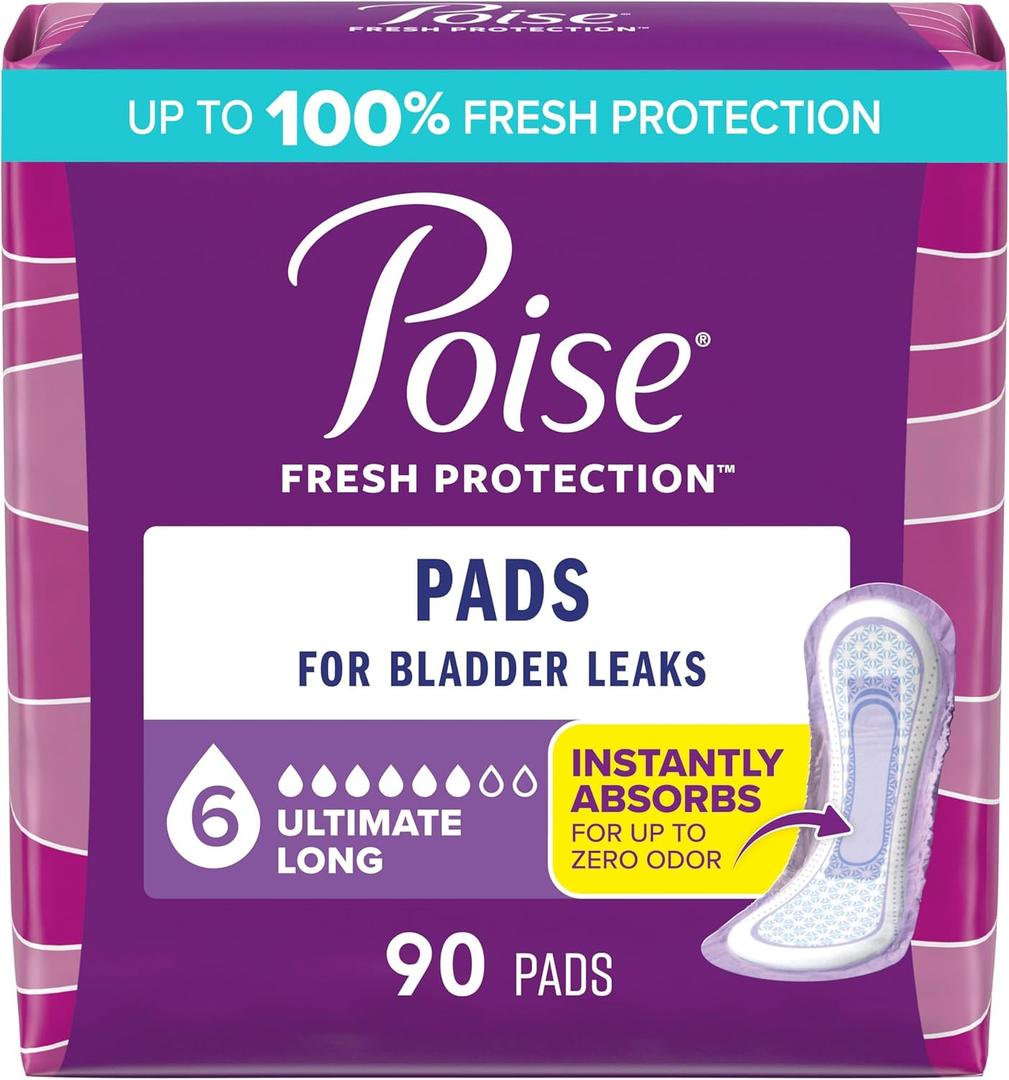 Poise Incontinence & Postpartum Pads for Bladder Leaks, 6 Drop Ultimate Absorbency, Long Length, 90 Count