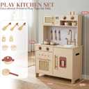 Wooden Kitchen Playsets for Kids, Pretend Play Kitchen with Realistic Clicking Sounds, Gold Faucet, Coffee Maker & Cooking Accessories, Set for Toddlers Boys Girls Age 3+