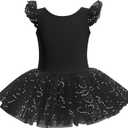 Kid Girls Classic Ruffle Sleeve Ballet Skirted Leotard Shiny Dance Tutu Dresses Ballerina Costume (Black)