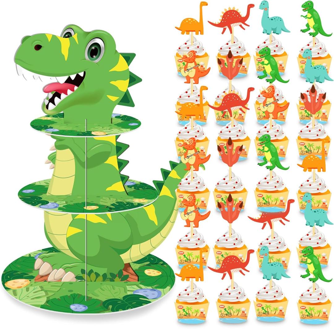 3 Tier Dinosaur Cupcake Stand Party Decorations,Dinosaur Themed Cupcake Holder Decorations with 24Pcs Dinosaur Cupcake Wrappers and Toppers,Cupcake Display Holder Birthday Party Supplies