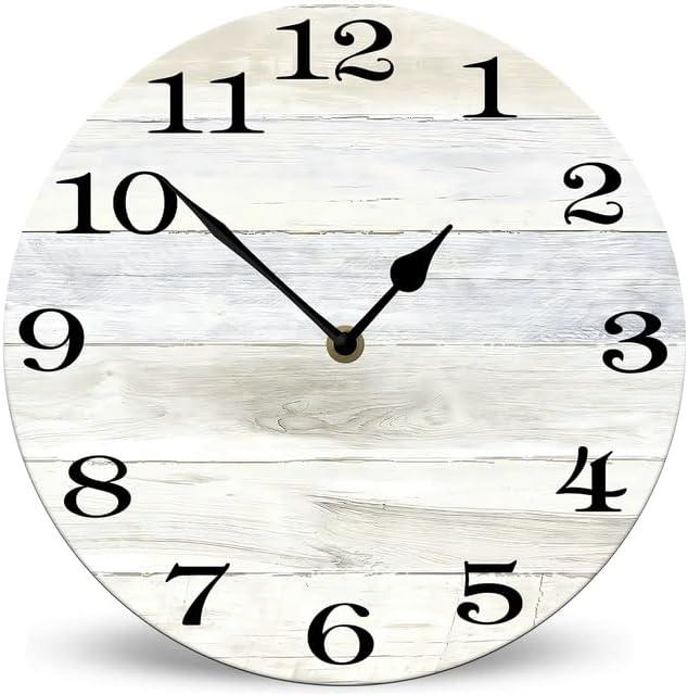 Rustic Off White Wood Wall Clock 10in Battery Operated Non-Ticking Wall Clock, Rustic Country Style Wall Clocks for Bedroom, Bathroom, Living Room, Home Office, School (Ss-17)
