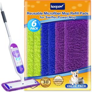KEEPOW Reusable Power Mop Refill Pads Compatible with Swiffer PowerMop, Microfiber Power Mop Refills, Power Mop Pads for Hardwood Floor Cleaning (6 Pack)