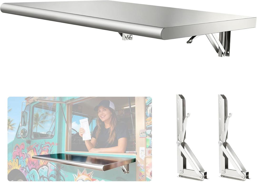 Stainless Steel Folding Concession Shelf 24" x 12", Drop Down Folding Wall Shelves, Heavy Duty Foldable Wall Mount Shelving for Concession Windows, Food Truck, Kitchen, Garage, Laundry