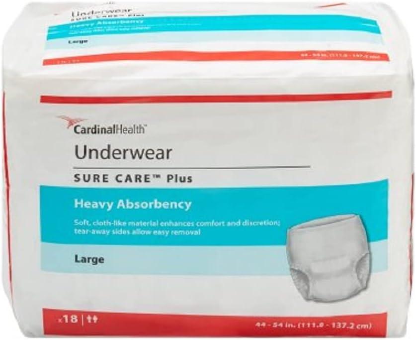 Cardinal 16153101 Sure Care Plus Adult Heavy Absorbent Underwear, White - Large - Pack of 18