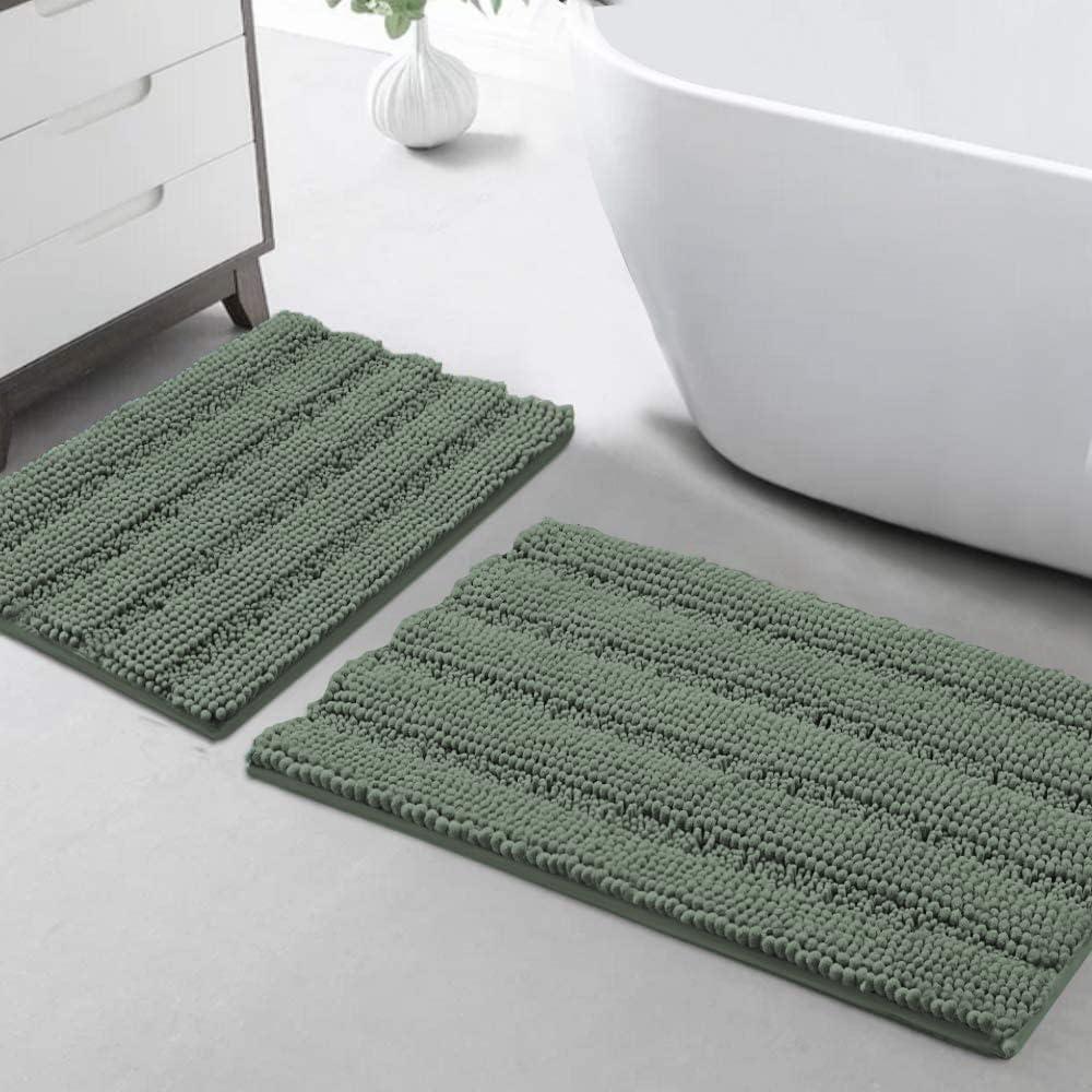 Chenille Bathroom Rugs Set Non-Slip Bath Mats for Bathroom Extra Soft and Absorbent Shaggy Bath Mats for Bathroom Floor Indoor Mat for Kitchen/Entryway (20" x 32" and 17" x 24"), Green Bay