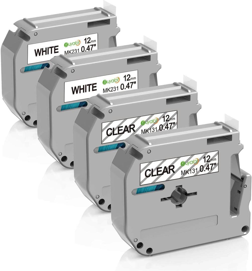 Compatible Label Tape Replacement for Brother P Touch M-Tape M-K131 MK131 M-K231 Work with Brother Ptouch PT-90 PT-M95 PT-45 PT-65, 0.47 Inch(12mm) 26.2 Feet(8m), Black on White/Clear, 4-Pack